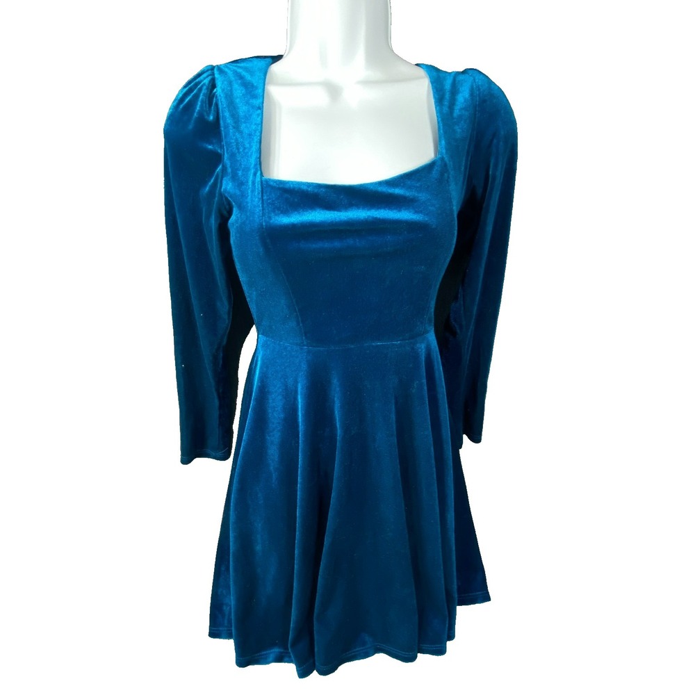 Vintage Teeze Me Dress Women Medium Blue Velvet Fit Flare Long Sleeve Party Luxe